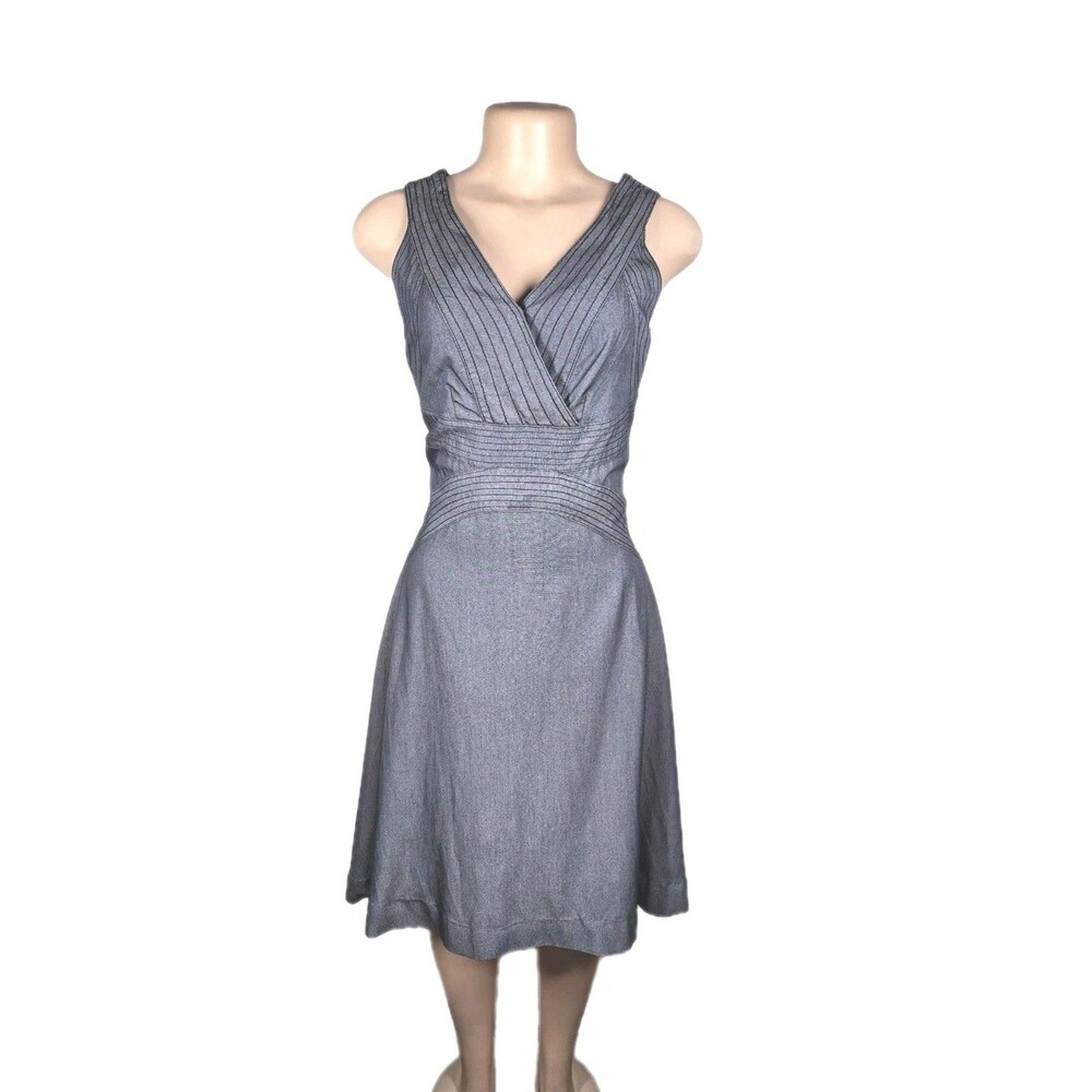 Etcetera Gray Fit & Flare Dress Sleeveless Pleated V Neck Career Cocktail Size 2